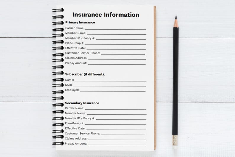 Floral Medical Care Organizer insurance information page with lined writing sections.