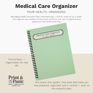 Medical Care Organizer notebook with overview of health tracking and organization features.