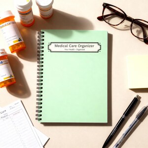 Medical Care Organizer notebook with medication bottles, glasses, sticky notes, and pens.