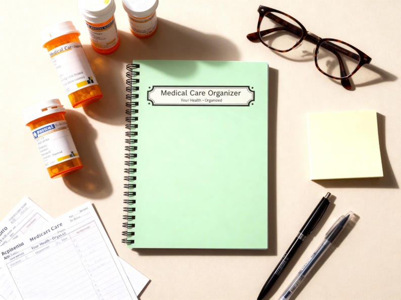 Medical Care Organizer notebook with medication bottles, glasses, sticky notes, and pens.