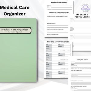 Medical Care Organizer with sample interior pages for appointments, medications, and records.