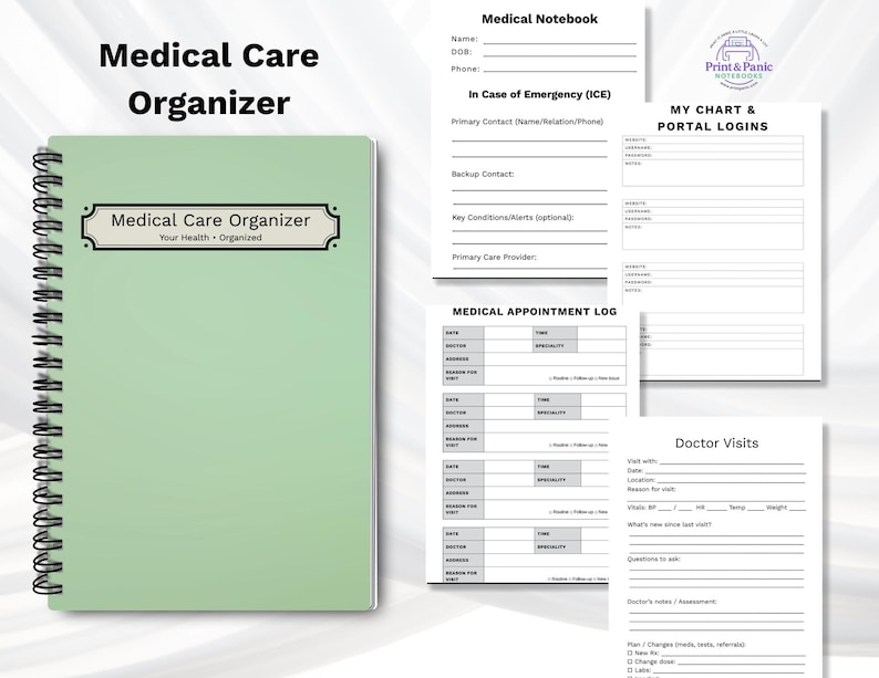 Medical Care Organizer with sample interior pages for appointments, medications, and records.