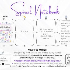 Size and product guide infographic for the Colorful One-on-One Meeting Notebook spiral planner