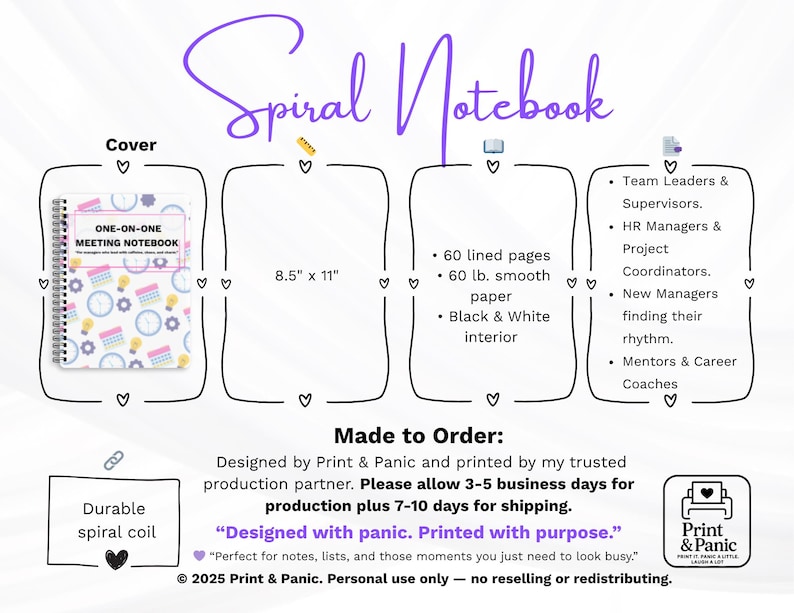 Size and product guide infographic for the Colorful One-on-One Meeting Notebook spiral planner