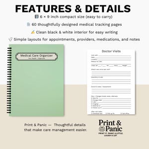 Medical Care Organizer notebook with product details and structured health tracking pages.