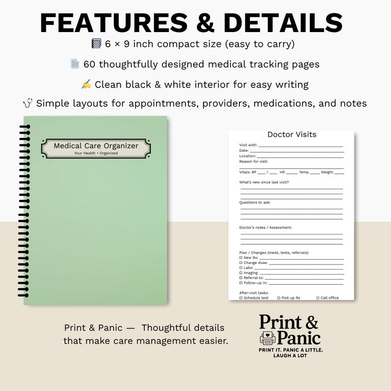 Medical Care Organizer notebook with product details and structured health tracking pages.
