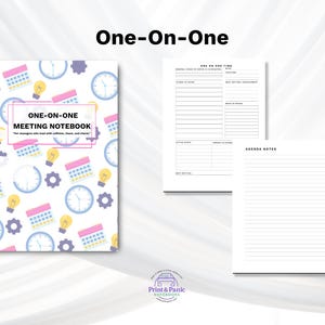 Two-page interior spread preview of the Colorful One-on-One Meeting Notebook showing guided meeting layout