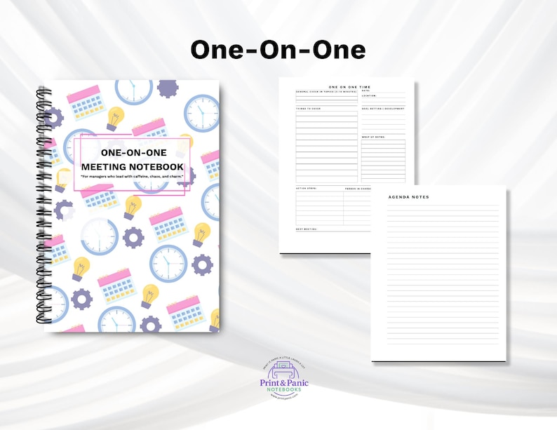 Two-page interior spread preview of the Colorful One-on-One Meeting Notebook showing guided meeting layout