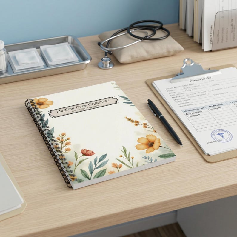 Medical care organizer spiral notebook on a desk beside medical paperwork, clipboard, and glasses in a bright home office setting