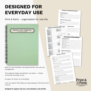 Medical Care Organizer notebook with feature highlights for caregivers and medical planning.