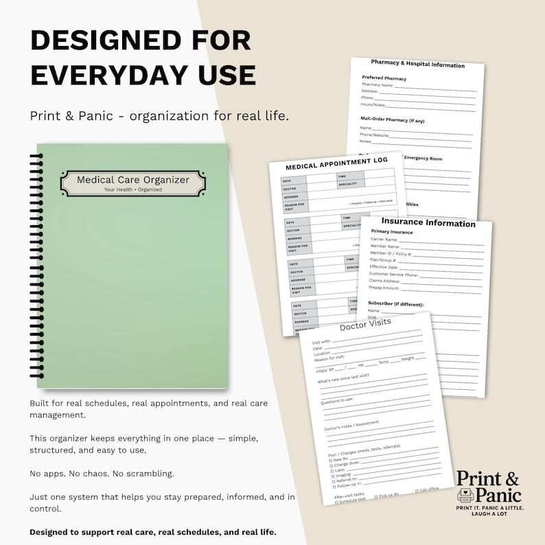 Medical Care Organizer notebook with feature highlights for caregivers and medical planning.