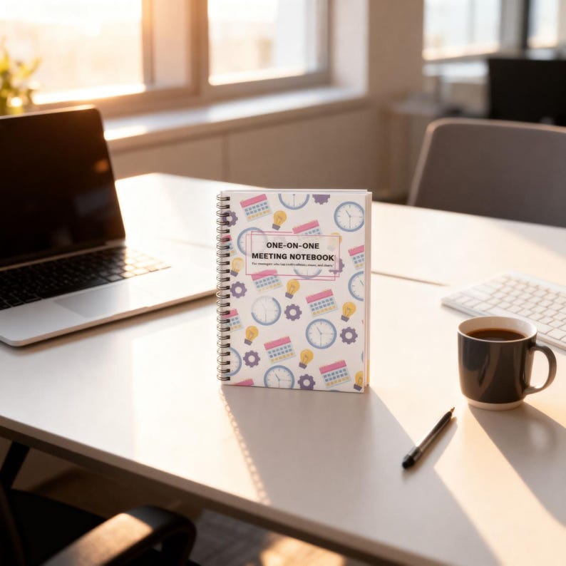 Colorful One-on-One Meeting Notebook standing upright on a bright modern office desk beside coffee mug