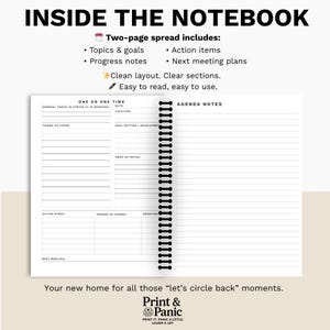 Inside pages of the Colorful One-on-One Meeting Notebook featuring meeting notes, action items, and goals