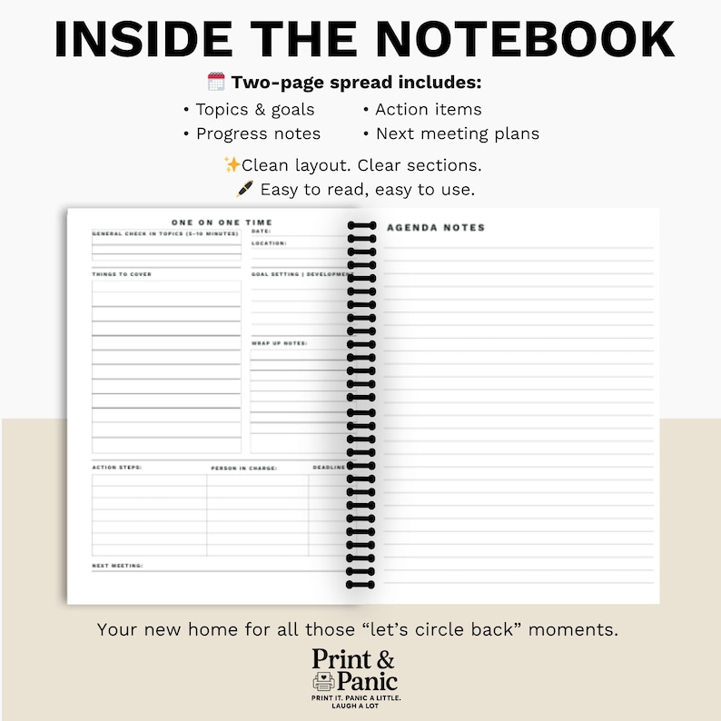 Inside pages of the Colorful One-on-One Meeting Notebook featuring meeting notes, action items, and goals