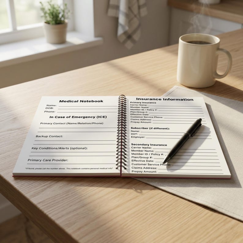 Medical care organizer spiral notebook open on a wooden table with coffee mug and pen, styled for everyday medical planning