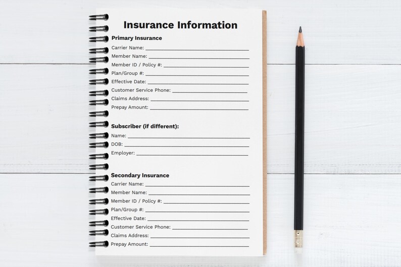 Medical Care Organizer insurance information page with lined writing sections.