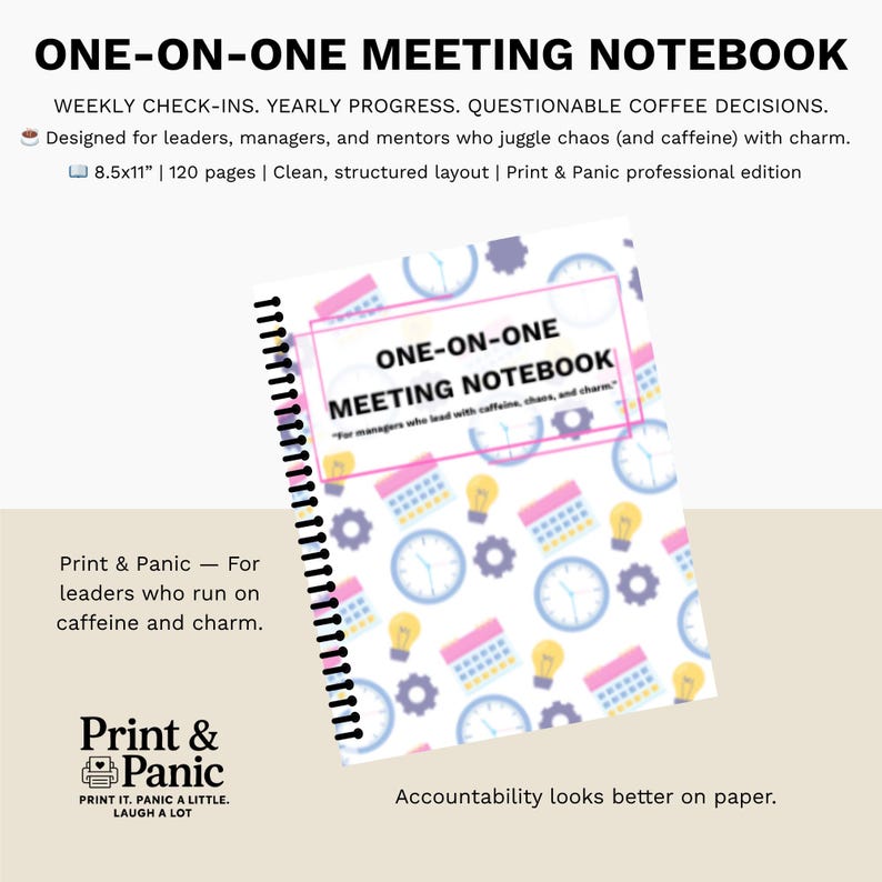 Overview infographic for the Colorful One-on-One Meeting Notebook showing cover design and product introduction