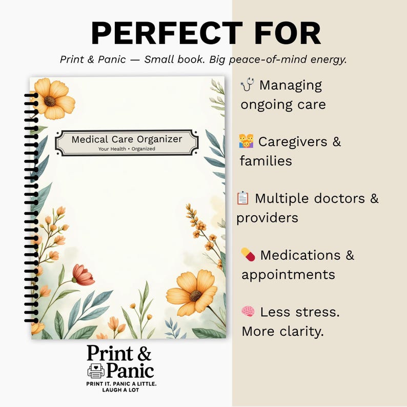 Floral Medical Care Organizer designed for caregivers, appointments, and medication tracking.