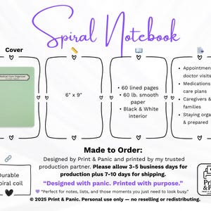 Medical Care Organizer spiral notebook product details and sizing information graphic.