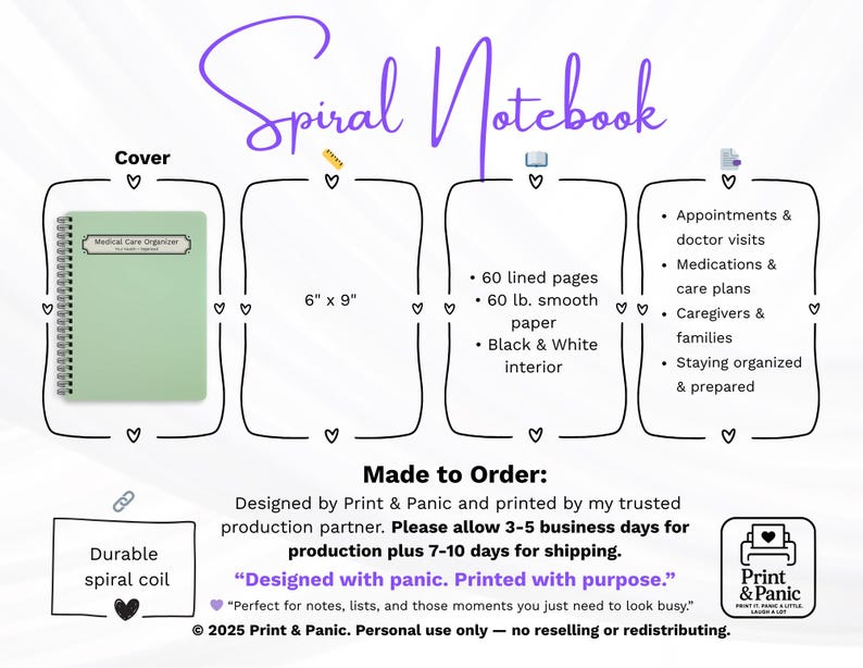 Medical Care Organizer spiral notebook product details and sizing information graphic.