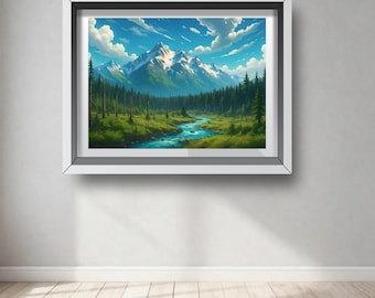 Glacier River Mountain Landscape Print: Nature Photography Home Decor (Digital Download)