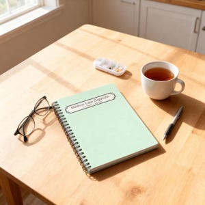 Medical Care Organizer notebook on a wood table with tea, glasses, and soft sunlight.