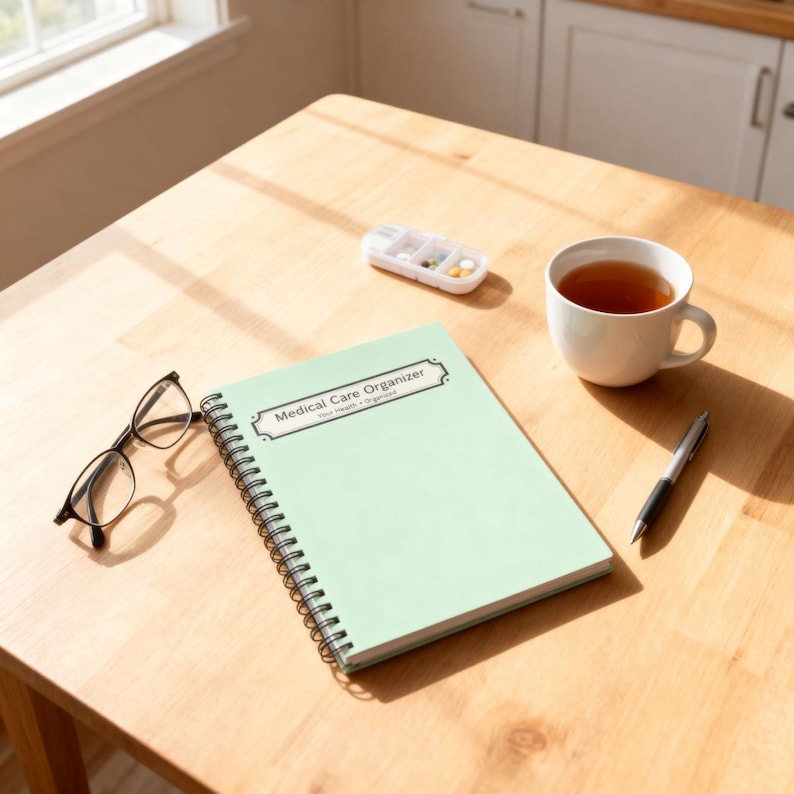 Medical Care Organizer notebook on a wood table with tea, glasses, and soft sunlight.