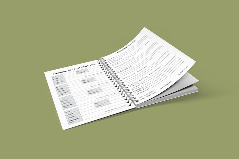 Medical Care Organizer open pages shown with angled perspective and neutral background.