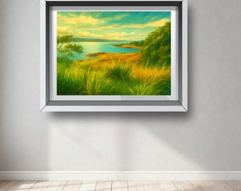 Soft Horizon – Coastal Sunset Wall Art, Tranquil Ocean Shoreline Photo, Digital Landscape Print