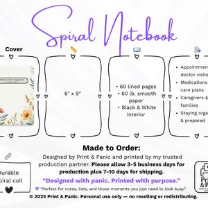 Template layout showing spiral notebook mockup placement and product image arrangement for a floral medical care organizer notebook