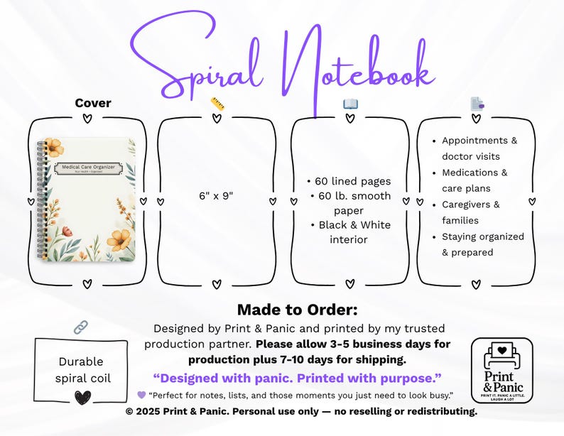 Template layout showing spiral notebook mockup placement and product image arrangement for a floral medical care organizer notebook