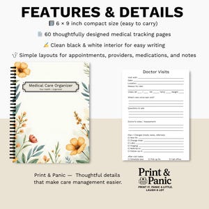 Floral Medical Care Organizer notebook with structured health tracking page details.