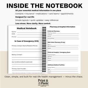 Floral Medical Care Organizer with sample interior pages for appointments and medical records.