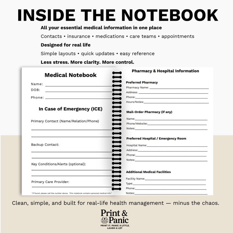 Floral Medical Care Organizer with sample interior pages for appointments and medical records.