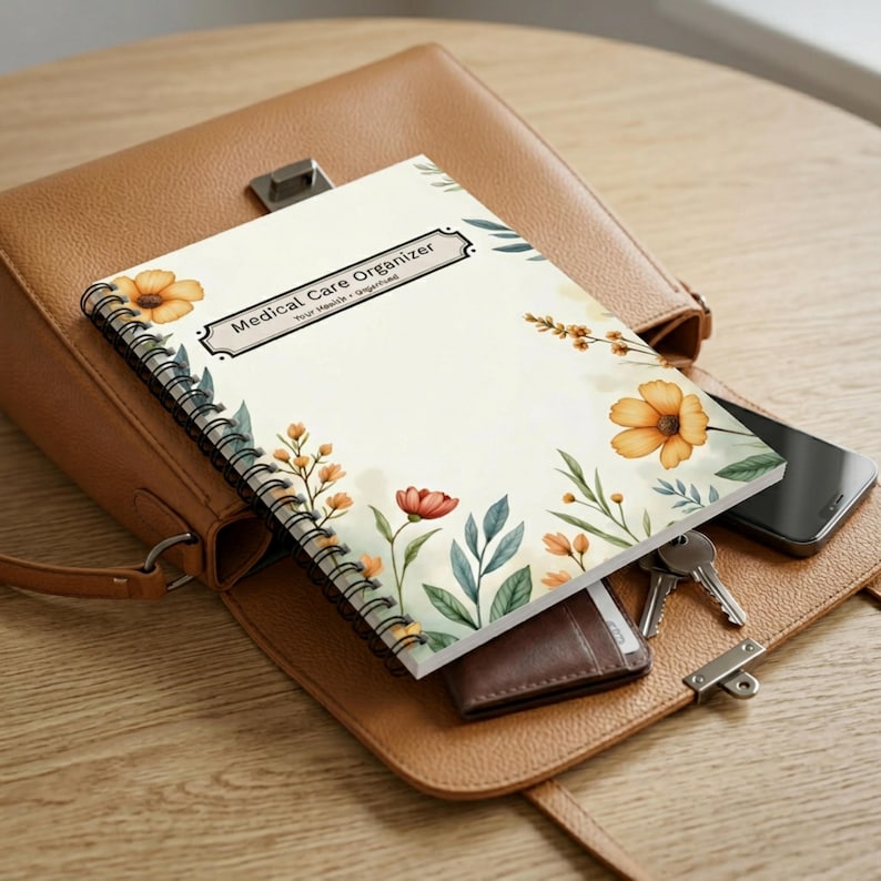 Medical care organizer spiral notebook resting on top of a purse with phone and wallet, showing portable size for appointments and travel