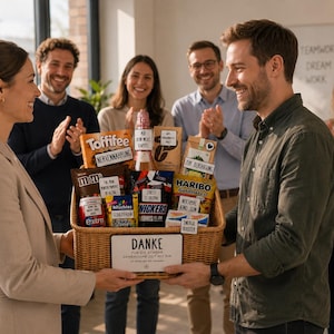 Op de afbeelding: Een rechthoekige geschenkmand van gevlochten riet, gevuld met diverse snacks en een fles mousserende wijn. De mand heeft een wit bordje aan de voorzijde met de tekst DANKE F&Uuml;R DIE SCH&Ouml;NE GEMEINSAME ZEIT MIT DIR, omringd door diverse snoepverpakkingen.