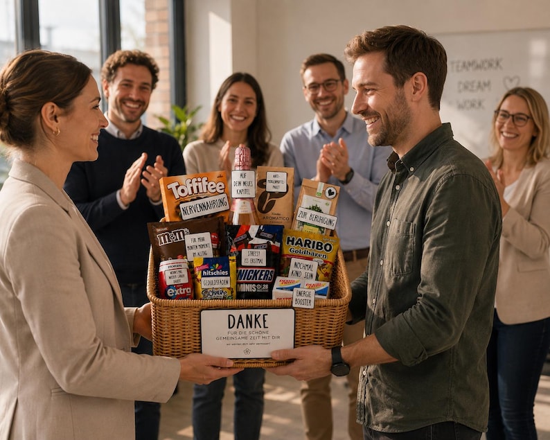 Op de afbeelding: Een rechthoekige geschenkmand van gevlochten riet, gevuld met diverse snacks en een fles mousserende wijn. De mand heeft een wit bordje aan de voorzijde met de tekst DANKE F&Uuml;R DIE SCH&Ouml;NE GEMEINSAME ZEIT MIT DIR, omringd door diverse snoepverpakkingen.