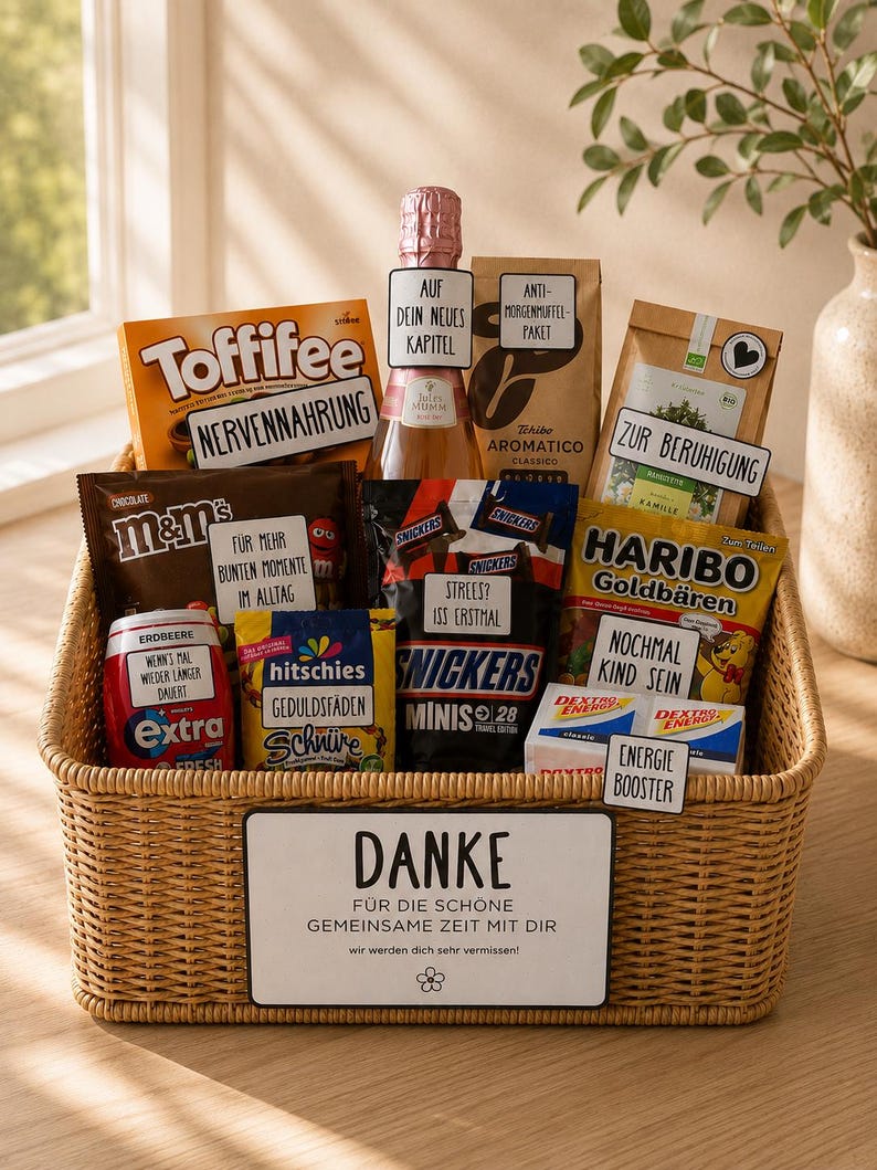 Op de afbeelding: Een gevlochten mand gevuld met diverse snacks en een fles mousserende wijn. De items omvatten Toffifee, M&Ms, Snickers Minis, Haribo Goudberen, Extra kauwgom, Hitschies, Dextro Energy, Tchibo koffie en kruidenthee, elk met kleine witte labels.