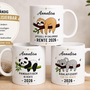 May include: Three white ceramic mugs featuring illustrations of a sloth, a panda, and a koala resting on branches. Each mug displays the name Annalisa, the year 2026, and German text including Offiziell im Chillmodus, Pandastisch, and Koalafiziert.