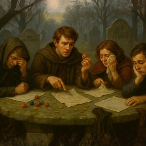 Puede incluir: Una pintura al óleo muestra cuatro figuras con túnicas marrones alrededor de una mesa de piedra, iluminadas por la luz de la luna. Dados y monedas están sobre la mesa. Las lápidas en el fondo crean una atmósfera sombría. La pintura evoca pérdida.