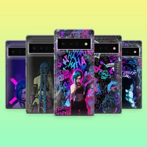 May include: Five phone cases with colourful designs. The cases feature illustrations of a character with blue hair, graffiti, and the text "HA HA". The cases have a clear, glossy finish.