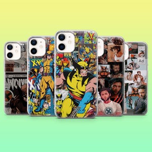 May include: A collection of clear phone cases featuring Wolverine comic book art and images of the character. The cases display various Wolverine illustrations in yellow, blue, and brown. Some cases have comic book panels, while others feature the actor.