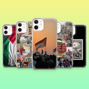 以下が含まれることがあります： パレスチナの国旗やイメージをあしらった携帯電話ケースのコレクション。ケースには、はためく旗、旗のある夕焼けのシーン、"FREEDOM"や"DON'T STOP TALKING ABOUT PALESTINE"などのテキストが入ったコラージュ風グラフィックなど、さまざまなデザインが施されています。