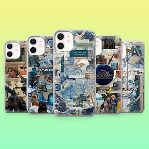 May include: A selection of phone cases with collage designs. Each case has a unique design with images and text related to a fantasy theme. The cases are in various colours, including blue, white, and beige.