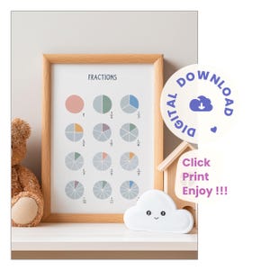Learn Fractions Poster – Hand Drawn Fraction Chart for Kids – Math Printable Wall Art