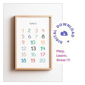 Counting Numbers 1-20 Printable Poster – Hand-Drawn Educational Wall Art for Kids – Preschool Numbers Chart – Digital Download PDF