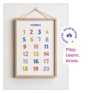 Bright Pastel Numbers 1–20 Poster – Hand-Drawn Colorful Counting Chart for Kids – PDF file