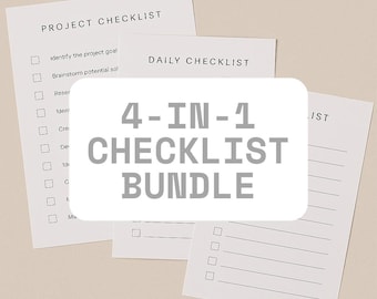 Könnte beinhalten: Eine Sammlung weißer Papier-Checklisten mit den Texten „PROJECT CHECKLIST“ und „DAILY CHECKLIST“. Das Bild zeigt auch ein weißes, abgerundetes Rechteck mit dem Text „4-IN-1 CHECKLIST BUNDLE“. Die Checklisten haben Kontrollkästchen und Linien zum Schreiben.