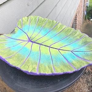 Unique outdoor hanging concrete elephant ear bird bath, hand painted, comes with black metal 3 chain hanger, no two alike. 13 x 9.