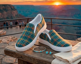 Teal Orange Plaid Canvas Slip On Shoes, Sunset Tartan Loafers, Women's Flat Sneakers